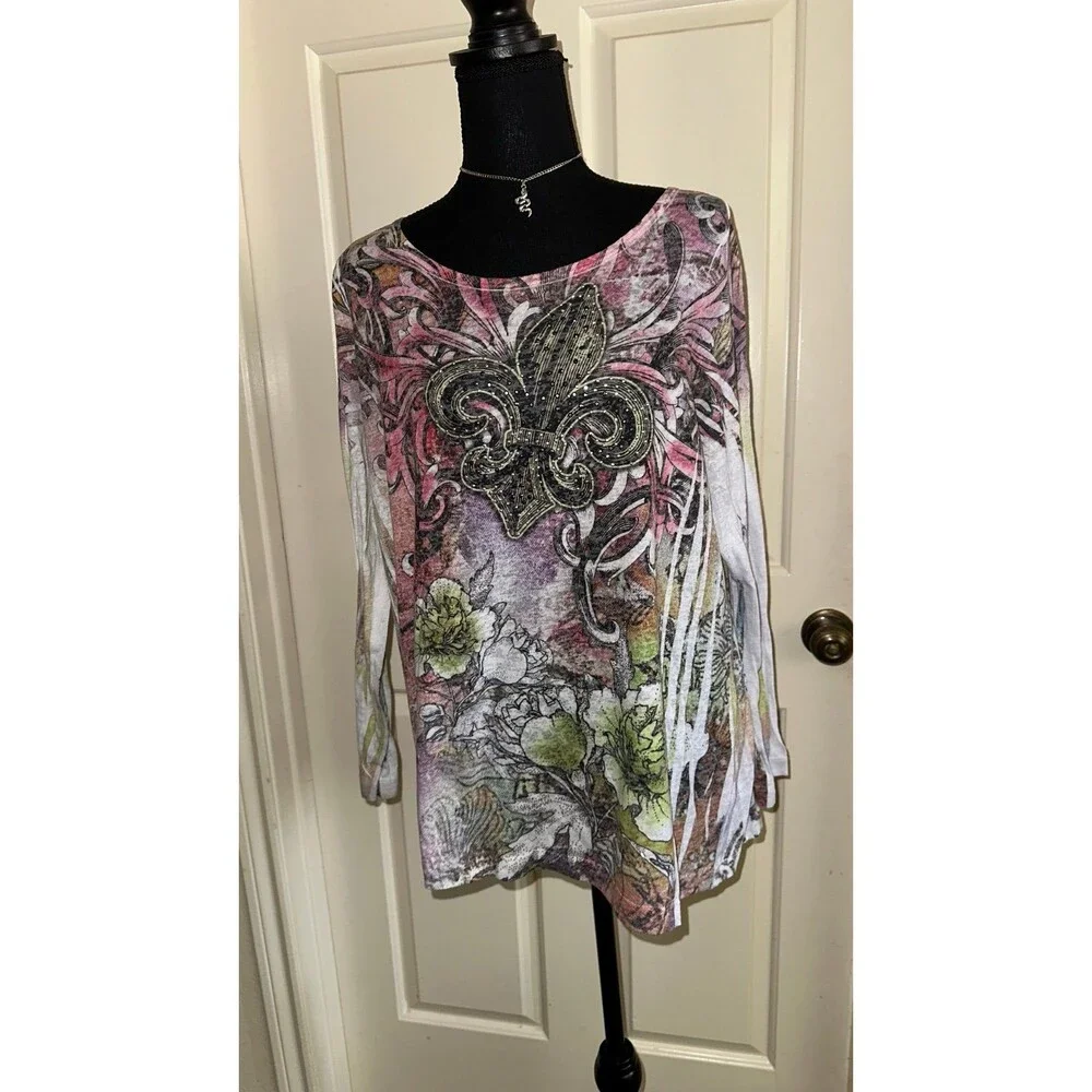 Lane Bryant y2k LONG SLEEVE FLEUR DE LIS W/WINGS &RHINESTONES mcbling top size1x - Picture 2 of 9